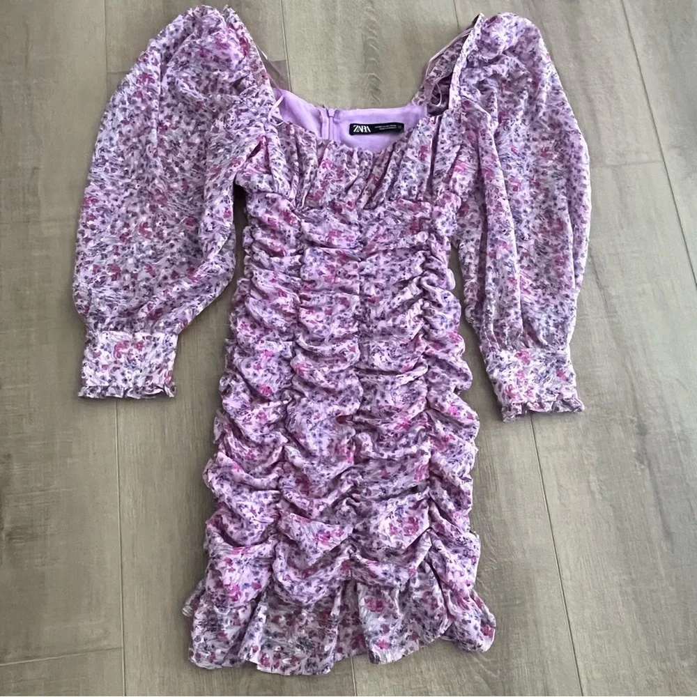 Zara Dress XS Mini Purple Floral Ruched‎ Chiffon Balloon Sleeves Elasticated - Picture 12 of 14
